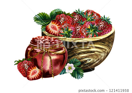 Strawberry jam in a jar and fresh strawberries in a wooden bowl. Handmade watercolor illustration. Preparations for the winter. Highlight it. For packaging, labels and flyers. For banners and stickers Strawberry jam in a jar and fresh strawberries in a wooden bowl. Handmade watercolor illustration. Preparations for the winter. Highlight it. For packaging, labels and flyers. For banners and stickers 121411938