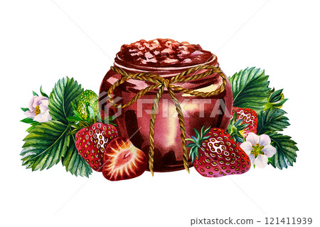 Strawberry jam in a jar. Handmade watercolor illustration. Preparations for the winter. Highlight it. Realistic painting. For packaging, labels and flyers. For banners and stickers. 121411939