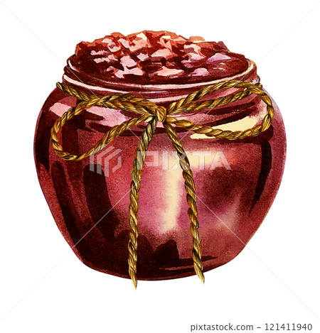 Jam in a jar. Handmade watercolor illustration. Preparations for the winter. Highlight it. Realistic painting. For packaging, labels and flyers. For banners and stickers. Jam in a jar. Handmade watercolor illustration. Preparations for the winter. Highlight it. Realistic painting. For packaging, labels and flyers. For banners and stickers. 121411940