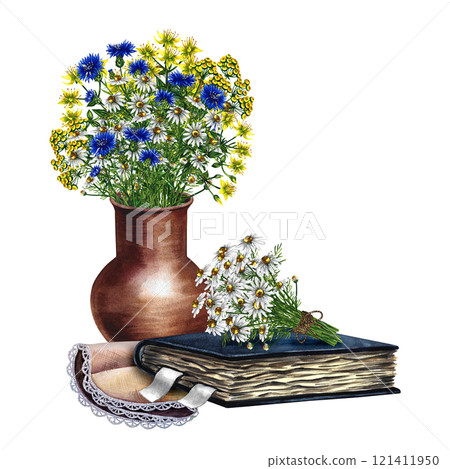 Wildflowers in a clay vase and an old book. Handmade watercolor illustration. Vintage still life in rustic style. For postcards, packages and labels. For flyers, stickers and prints. 121411950
