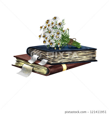 A bouquet of daisies on antique books. Handmade watercolor illustration. Rustic vintage still life. For postcards, packages and labels. For flyers, stickers and prints. 121411951
