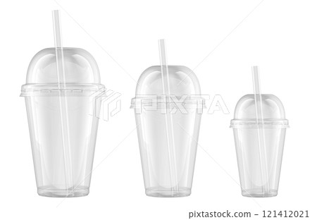 Clear Plastic Cups With Dome Lids with straws. Small, medium and large size. 3D rendering Clear Plastic Cups With Dome Lids with straws. Small, medium and large size. 3D rendering 121412021