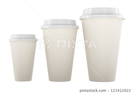 Disposable cups with lids. Small, medium and large size. 3D rendering Disposable cups with lids. Small, medium and large size. 3D rendering 121412022
