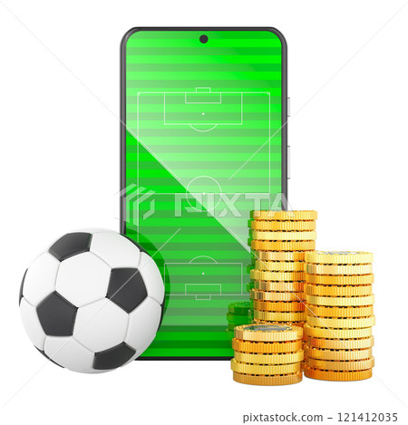 Smartphone with soccer ball and golden coins. Online sport bets, betting concept. 3D rendering 121412035