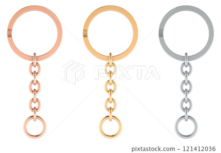 Split Keyrings with Chain Keychain Ring, Silver, golden and copper colors. 3D rendering 121412036