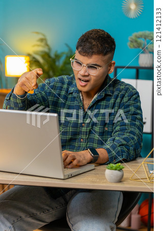 Furious annoyed angry businessman freelancer engage in heated laptop quarrel conversations at office 121412133