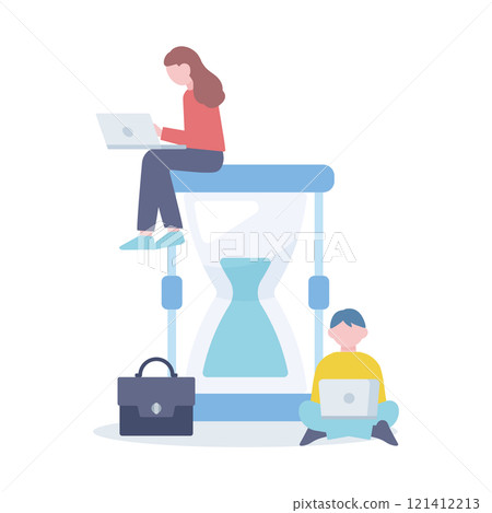 Illustration of an office worker working with an hourglass and a computer 121412213
