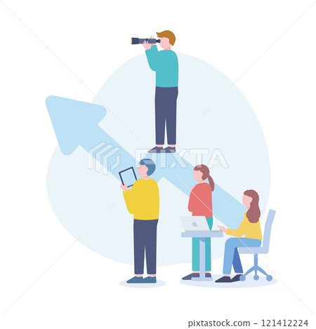 Leader looking through a telescope and business team looking up Leader looking through a telescope and business team looking up 121412224
