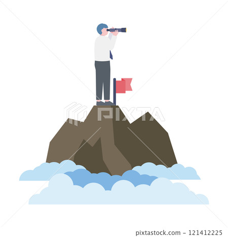 A businessman looking through the telescope at the summit of the mountain 121412225