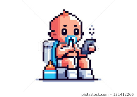 A baby with a pacifier and smartphone sitting on a toilet with a diaper, enjoying their time. 121412266