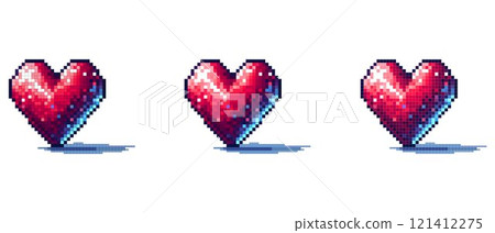 Pixel art heart with 3D effect, red with blue shading, and casting a shadow on a dark background Pixel art heart with 3D effect, red with blue shading, and casting a shadow on a dark background 121412275