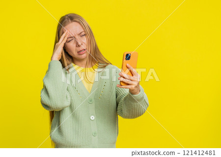 Upset sad woman use smartphone play game loses loss fail unlucky news bad lottery results crisis 121412481