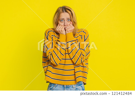 Scared fearful depressed woman suffering phobia, anxiety disorder, expresses fear, stress panic 121412484