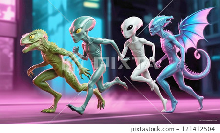 Four aliens running through the city 121412504