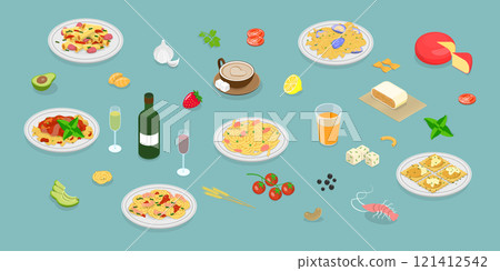 3D Isometric Flat Vector Illustration of Pasta And Wine Collection, Italian Cuisine 3D Isometric Flat Vector Illustration of Pasta And Wine Collection, Italian Cuisine 121412542