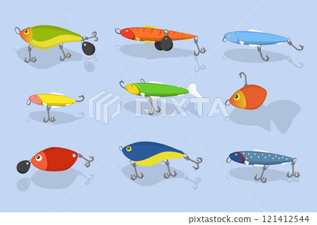 3D Isometric Flat Vector Illustration of Fishing Bait Collection, Fisherman Tackle and Artificial Fishes 3D Isometric Flat Vector Illustration of Fishing Bait Collection, Fisherman Tackle and Artificial Fishes 121412544