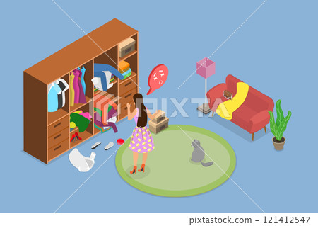 3D Isometric Flat Vector Illustration of Chaos In Open Closet, Messy Clothes in Wardrobe 121412547