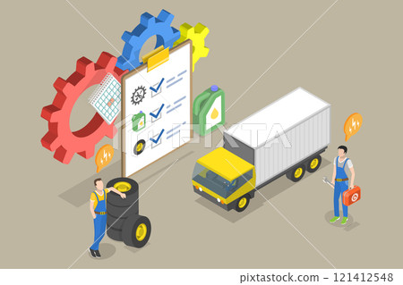 3D Isometric Flat Vector Illustration of Fleet Maintenance, Order Fulfillment, Inventory and Demand Planning 121412548