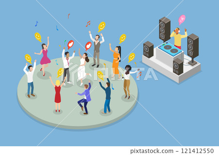 3D Isometric Flat Vector Illustration of Wedding Dancing, DJ Mixing Tracks 121412550