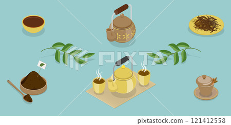 3D Isometric Flat Vector Set of Tea Elements, Different Tastes and Ingredients 121412558