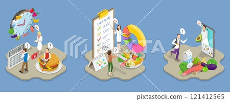 3D Isometric Flat Vector Illustration of Diet Plan, Promoting Healthy Eating 3D Isometric Flat Vector Illustration of Diet Plan, Promoting Healthy Eating 121412565