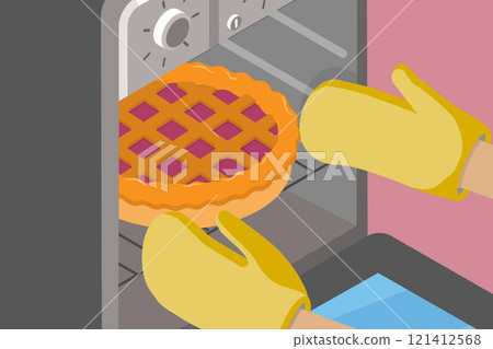 3D Isometric Flat Vector Illustration of Cooking at Home, Baking Pie In Modern Electric Oven 121412568