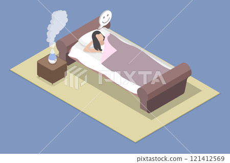 3D Isometric Flat Vector Illustration of Healthy Sleep Environment, Air Humidifier 121412569
