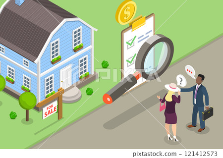 3D Isometric Flat Vector Illustration of Purchasing A Brand New House, Real Estate Price Evaluation 121412573
