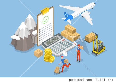3D Isometric Flat Vector Illustration of Worldwide Shipment, Customs Inspector Inspects Cargo And Calculates Import Fees With Tax Form 3D Isometric Flat Vector Illustration of Worldwide Shipment, Customs Inspector Inspects Cargo And Calculates Import Fees With Tax Form 121412574