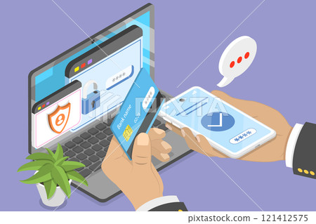 3D Isometric Flat Vector Illustration of Online Authentication, Making Secure Payment With Credit Card 3D Isometric Flat Vector Illustration of Online Authentication, Making Secure Payment With Credit Card 121412575
