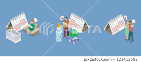 3D Isometric Flat Vector Illustration of Maternity And Paternity Leave, Caring For Newborn Infants 3D Isometric Flat Vector Illustration of Maternity And Paternity Leave, Caring For Newborn Infants 121412582