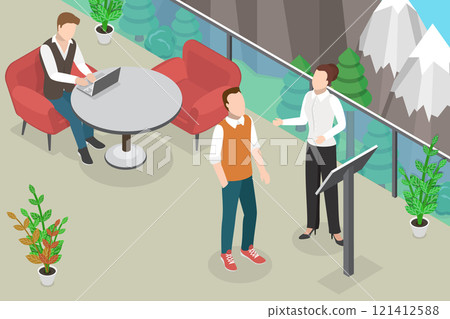 3D Isometric Flat Vector Illustration of Hotel Rooftop Terrace, Mountain Resort Restaurant 3D Isometric Flat Vector Illustration of Hotel Rooftop Terrace, Mountain Resort Restaurant 121412588