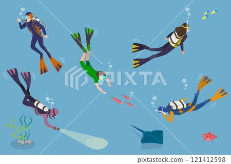 3D Isometric Flat Vector Set of Scuba Divers, Marine Exploring People 121412598