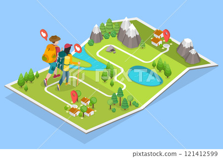 3D Isometric Flat Vector Illustration of Hiking Map, Hikers Exploring The Great Outdoors 121412599