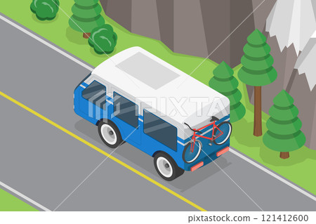 3D Isometric Flat Vector Illustration of Car Summer Traveling, Mountain Road Trip 121412600