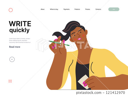 Writing people, modern flat vector concept illustration- sitting woman thoughtfully writing on paper. Metaphor for reflection, personal insight, contemplation, creative expression 121412970