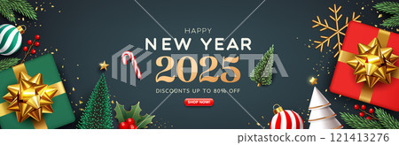 Happy new year 2025, gift box, ornaments banner greeting card design on dark gray background Happy new year 2025, gift box, ornaments banner greeting card design on dark gray background 121413276