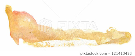 Delicate golden watercolor splash capturing the essence of a serene landscape at dawn, blending soft hues and flowing lines to evoke tranquility and beauty 121413453