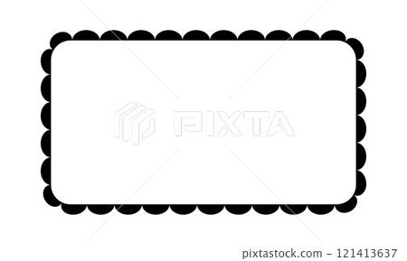 Rectangle frame with scalloped borders. Rectangular vignette for picture or mirror with lace edges isolated on white background. Blank tag, box or label template. Vector graphic illustration Rectangle frame with scalloped borders. Rectangular vignette for picture or mirror with lace edges isolated on white background. Blank tag, box or label template. Vector graphic illustration 121413637