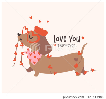 Cute Valentine Dachshund Dog love Retro Cartoon Illustration for Greeting Cards 121413986