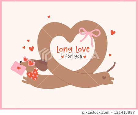 Cute Valentine Dachshund Dog Retro Cartoon Character for Cards 121413987