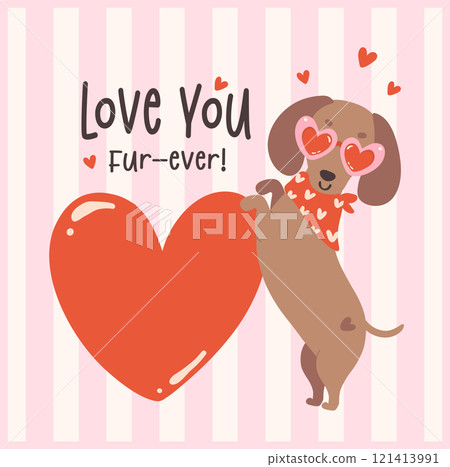 Cute Valentine Dachshund Dog with Heart Greeting Card Retro Cartoon Illustration Printable 121413991