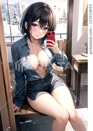 Woman taking a selfie in the city 121414054