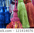 decorative brush pendants for the canopy. colored tassels made of thread for hanging on curtains. items for needlework sewing and embroidery for home comfort and window decoration. High quality photo 121414076