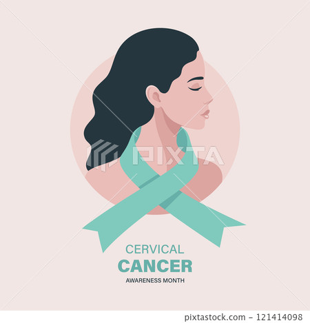January Cervical Cancer Awareness Month. Portrait Of Young Woman Wearing Teal Ribbon Scarf , Cervical Cancer Awareness. Womens Health, Cancer Support, Empowerment, Health Campaign. Vector Illustration January Cervical Cancer Awareness Month. Portrait Of Young Woman Wearing Teal Ribbon Scarf , Cervical Cancer Awareness. Womens Health, Cancer Support, Empowerment, Health Campaign. Vector Illustration 121414098