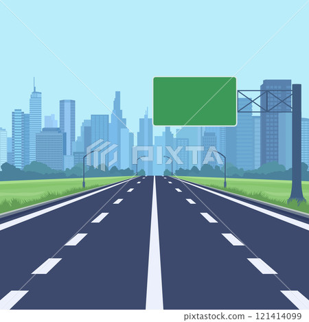 Flat Vector Highway Entering Modern City With Skyscrapers. Scenic Urban Road Leading Into Metropolis Background. Green Rectangular Blank Sign For Text. Urban Development, Cityscape Design 121414099