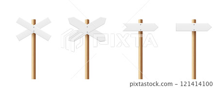 Realistic Blank Sign Post Set. Realistic Road Signboard. Plywood Pointer, Timber, Directional Sign Design Template, Front View. Vector Illustration in 3D Style 121414100