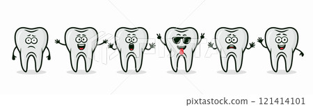 Adorable Tooth Characters Showing Different Emotions. Flat Vector Tooth Illustration - Happy, Excited, Sad, Scared Expressions. Cute Tooth Design Templates for Dental Logos, Marketing, Dental Branding 121414101