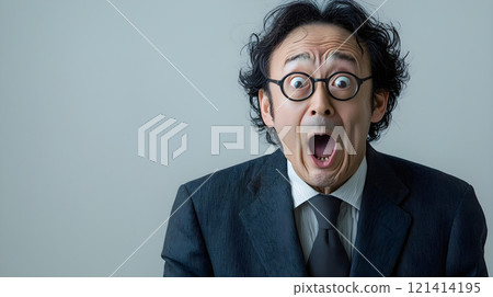 一名西裝革履的中年男子張著嘴巴，臉上露出驚訝的表情。 121414195