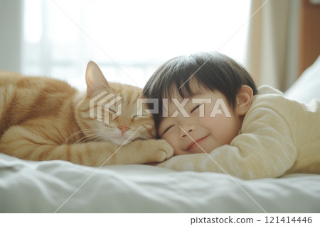 嬰兒和小貓在床上小睡 嬰兒和小貓在床上小睡 121414446